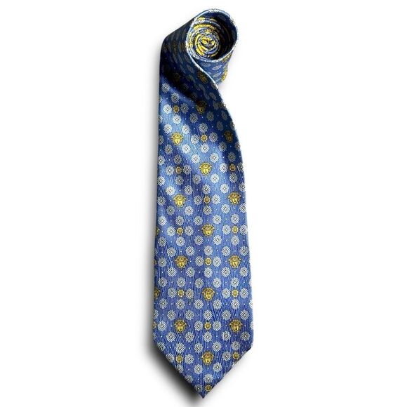 Versace Medusa Head Baroque Silk Necktie Blue Yellow Luxury Designer Tie - Picture 5 of 8